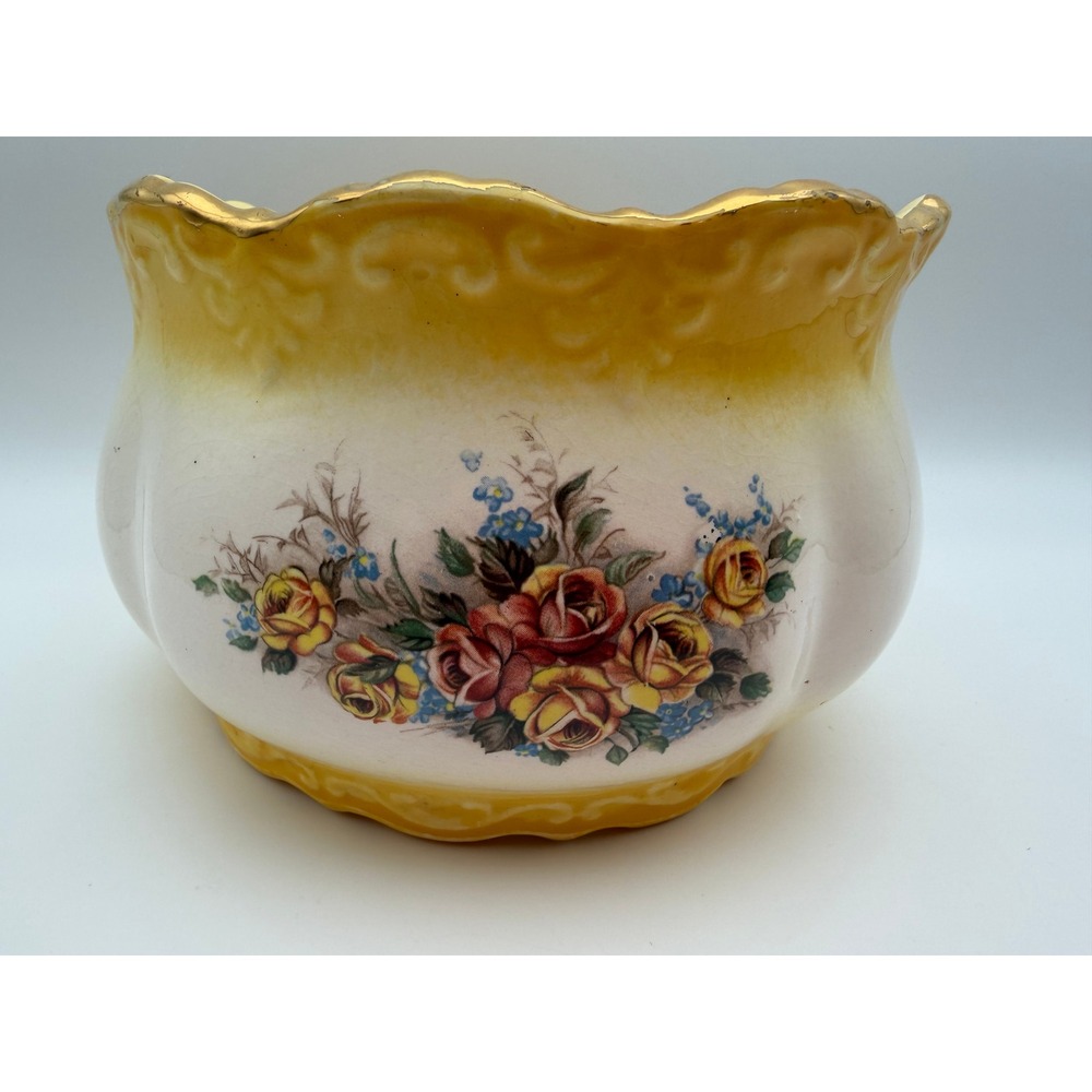 Vintage GR 76 Ceramic Floral Rose Planter Yellow Gold Trim Scalloped Cachepot
